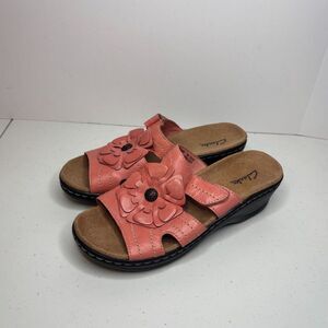 Clarks Collection Merliah Raelyn Pink Leather Wedge Sandals Womens Floral Comfy